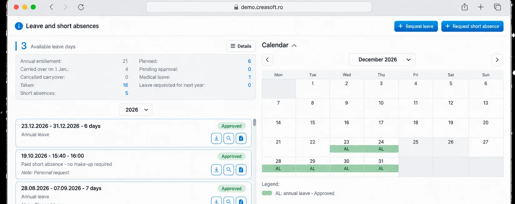 Employee leave requests and calendar in Creasoft HR