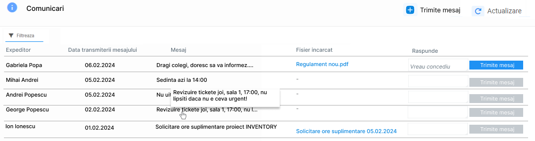Lista de comunicari catre angajati in Creasoft HR