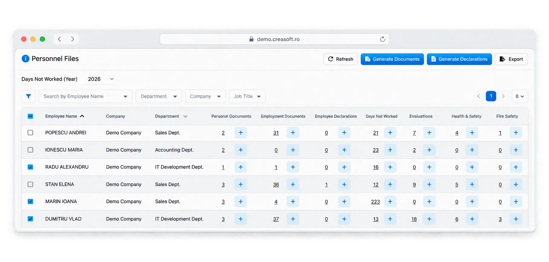 Personnel administration in Creasoft HR: personnel file, employment documents, health and safety and fire safety records