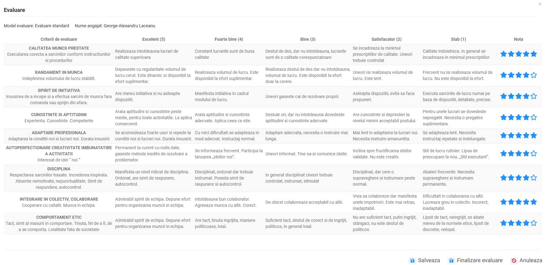 Formular de evaluare a angajatilor cu criterii si punctaje in Creasoft HR