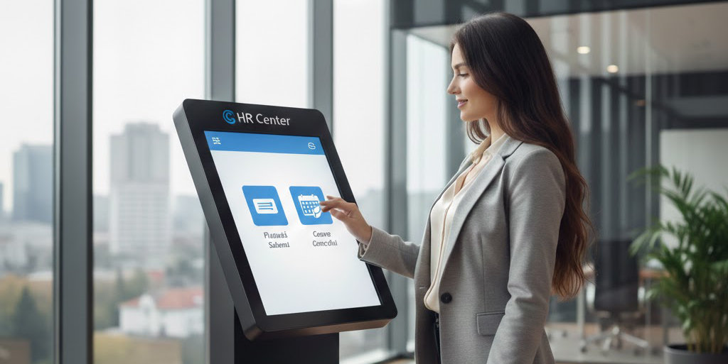 Angajata care semneaza un document la Info Kiosk Creasoft