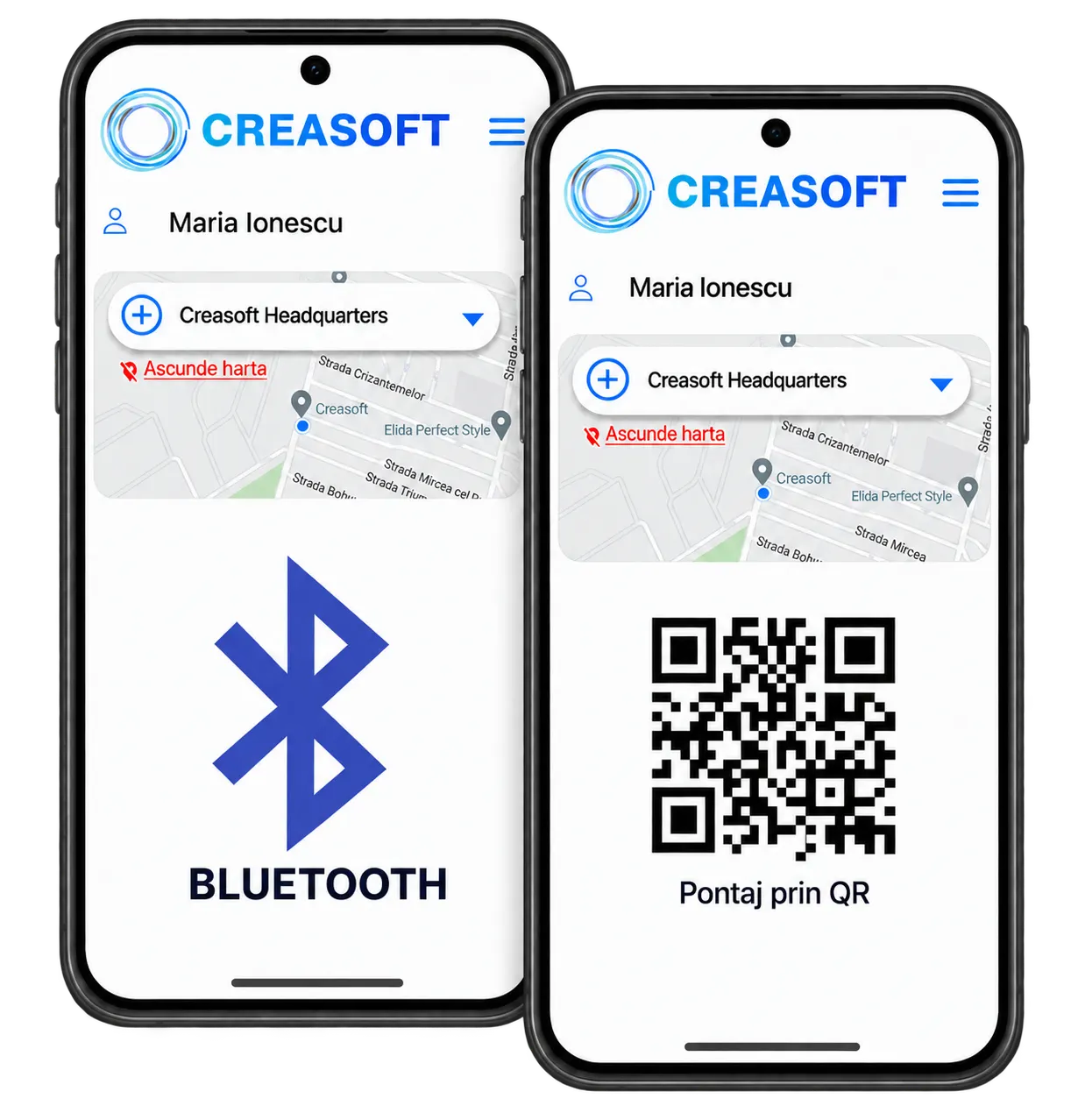 The Creasoft Pass app for time tracking via Bluetooth and QR